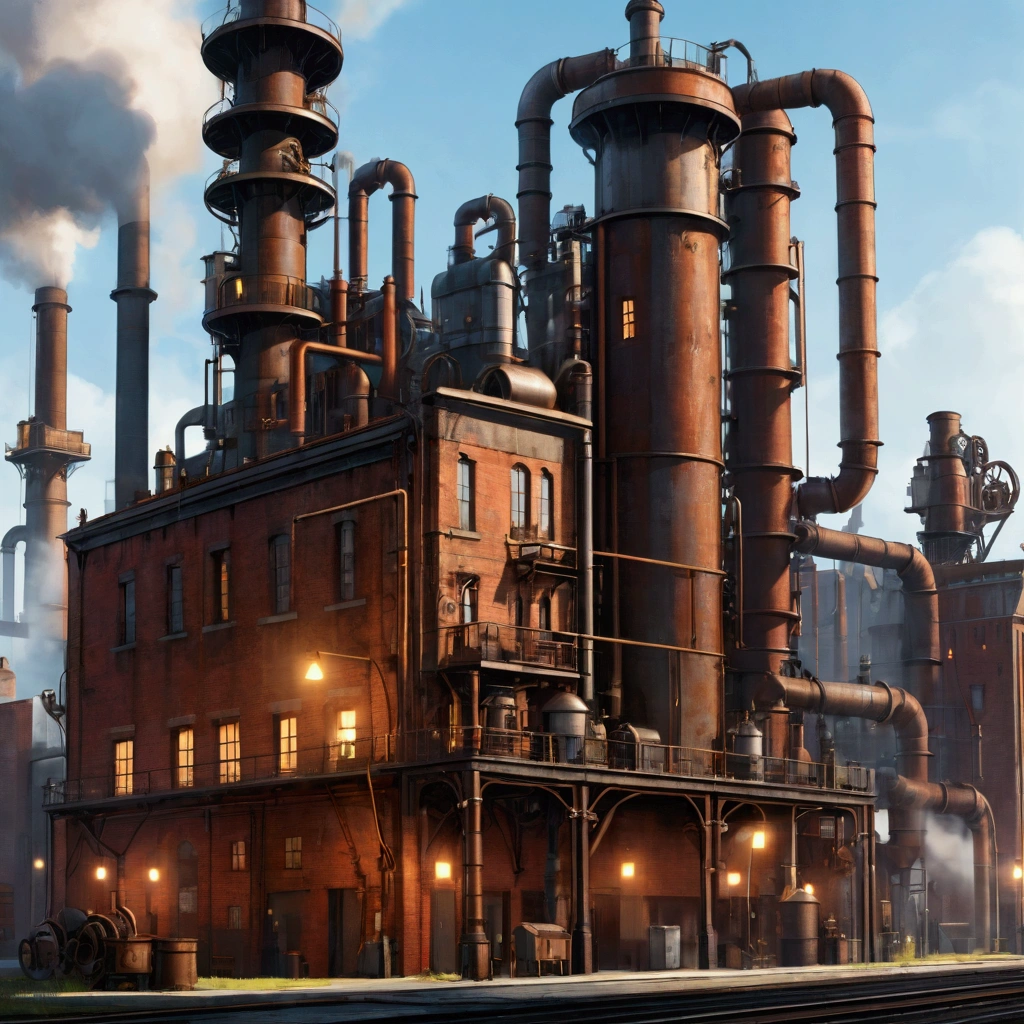 Industrial city, Surround with a wall, Steampunk, Rusty and heavy, smokes, chimney, factory, gear, mechanical, High buildings, tower, Steam powered, Steam piping, Street Lights, (Movie Lighting:0.8, Super Detail, bloom)