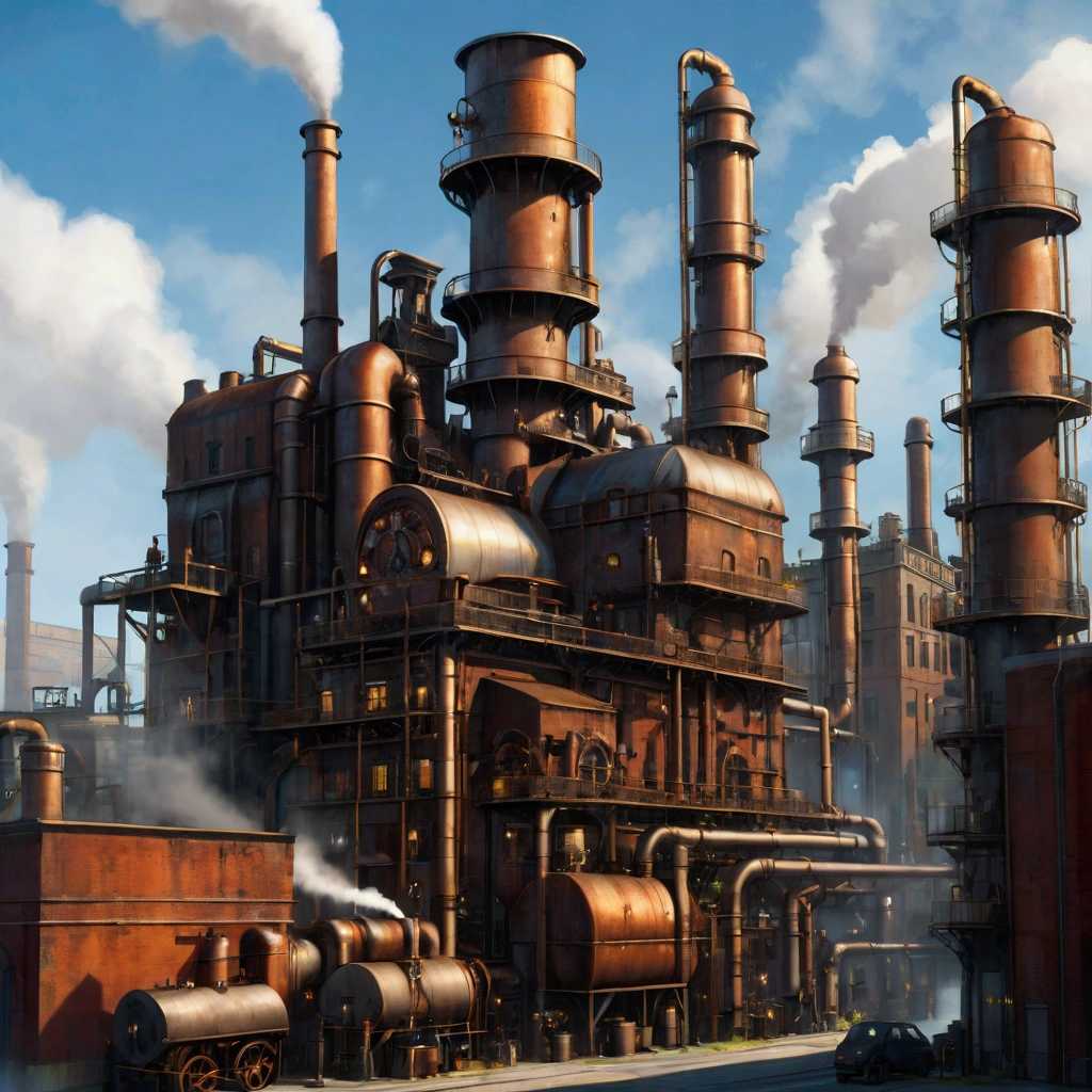 Industrial city, Surround with a wall, Steampunk, Rusty and heavy, smokes, chimney, factory, gear, mechanical, High buildings, tower, Steam powered, Steam piping, Street Lights, (Movie Lighting:0.8, Super Detail, bloom)