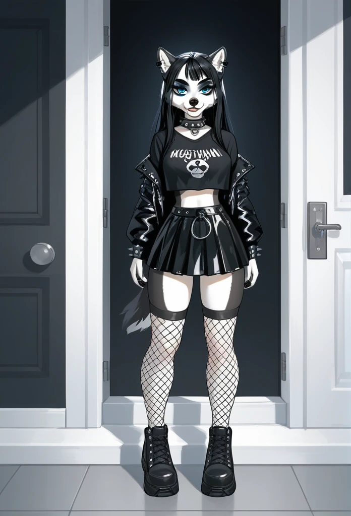 Solo, score_9,score_8_up,score_7_up, source_furry, dog, Anthro furry dog girl, adult female, black hair, goth style hair, husky markings, Siberian husky, husky, anthro husky girl, 1.3, goth makeup, silver, grey and white fur, wearing goth clothes, goth, emo, goth outfit, standing, solo, full body, blue eyes, black clothes,
