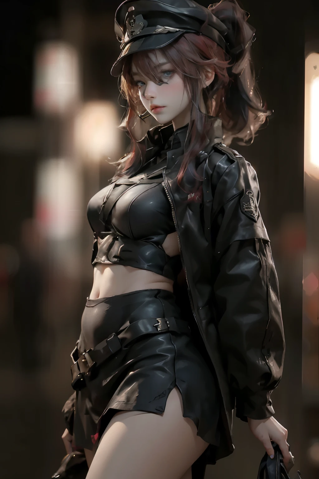((best quality)), ((Masterpiece)), (details:1.4), 3d, Image of a beautiful cyberpunk woman., HDR (high dynamic range), mature woman, เหมือนจริง, High ponytails, Red hair, Blue eyes, future police, PBR surface, After processing, Anisotropic filtration,depth of field, Maximum clarity and clarity, multi-layered surface, perfect proportions, 8K raw files, cyberpunk, at night, ผมหลายชั้น, red short skirt, natural lighting, soft lighting, sunlight, หน้าอกใหญ่, a woman wearing a black gothic style military uniform, black military hat with gold details, iron cross symbol on the military hat,