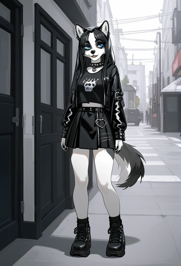 Solo, score_9,score_8_up,score_7_up, source_furry, dog, Anthro furry dog girl, adult female, black hair, goth style hair, husky markings, Siberian husky, husky, anthro husky girl, 1.3, goth makeup, silver, grey and white fur, wearing goth clothes, goth, emo, goth outfit, standing, solo, full body, blue eyes, black clothes,