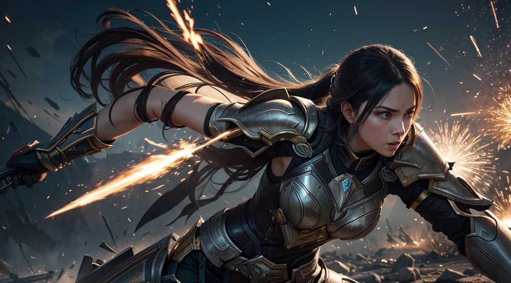 "Create a hyper-realistic image of Benedetta from Mobile Legends, engaged in an intense battle. She should be depicted mid-action, with her signature weapon, the Alecto: Final Blow, glowing with energy. The background should feature a war-torn landscape, with debris and sparks flying around. Her expression should be fierce and determined, showcasing her agility and strength. The image should capture the dynamic motion and vivid details of her armor and the environment, emphasizing the intensity of the fight."