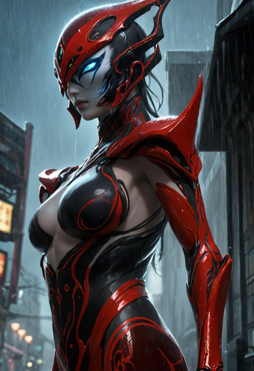 1 Japanese girl, Warframe, Complex patterns, heavy metal, Energy Line, The Faceless, Glowing eyes, elegant, intense, Blood red and black, Solitary, Modern, City, street, dark clouds, thunderstorm, Heavy rain,, Dramatic Lighting,, (masterpiece:1.2), best quality, high resolution,   Exquisite and detailed, Extremely detailed, Perfect lighting,