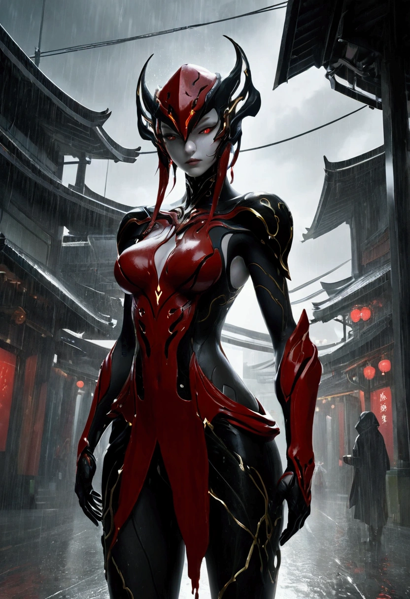 1 Japanese girl, Warframe, Complex patterns, heavy metal, Energy Line, The Faceless, Glowing eyes, elegant, intense, Blood red and black, Solitary, Modern, City, street, dark clouds, thunderstorm, Heavy rain,, Dramatic Lighting,, (masterpiece:1.2), best quality, high resolution, Exquisite and detailed, Extremely detailed, Perfect lighting,