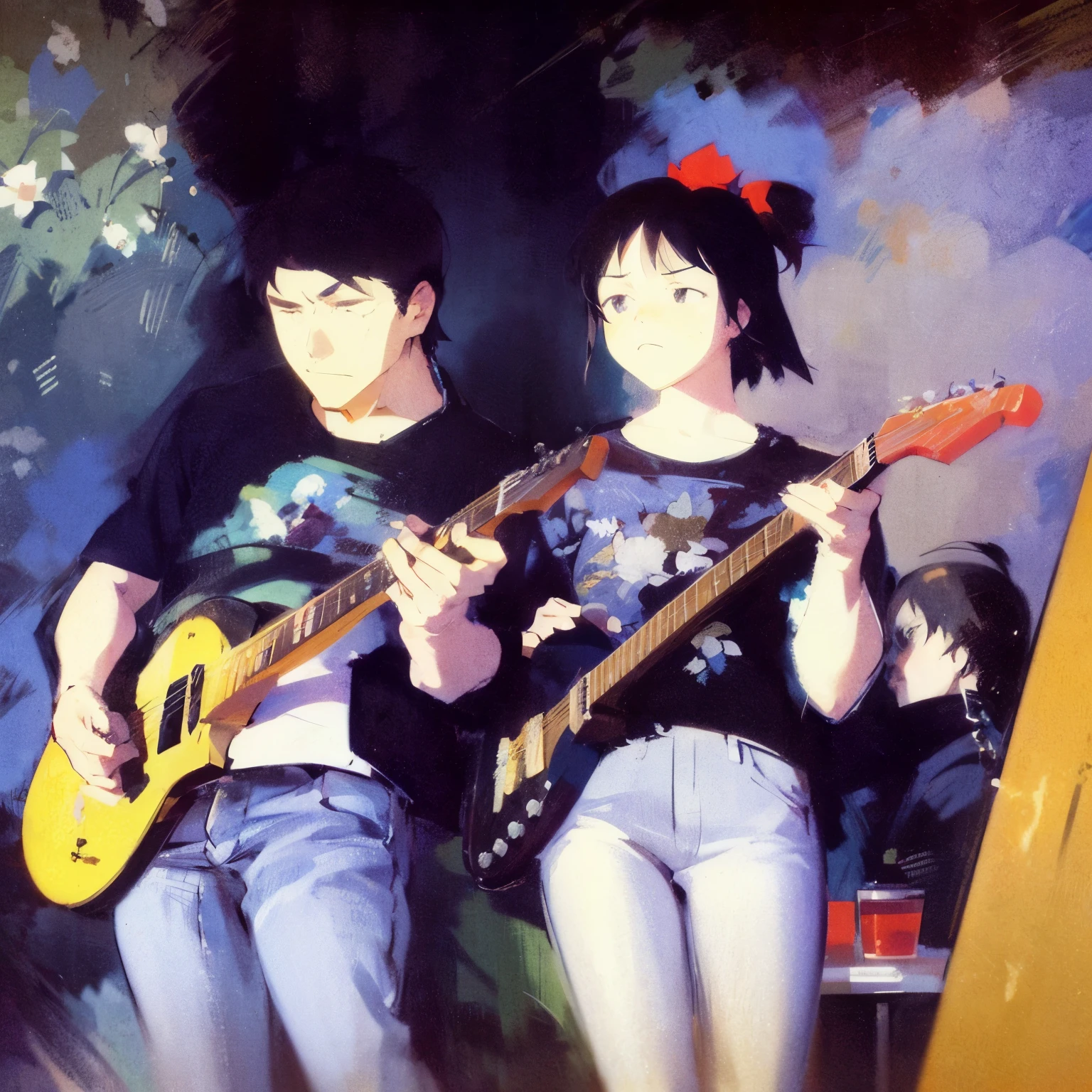 close up, brother and sister in a band, moody lighting, bored, sad, miserable, art by alex katz, art by elizabeth peyton, art by Yuki Ohshima, art by Makoto Shinkai, art by kaiji kawaguchi, art by makoto aida