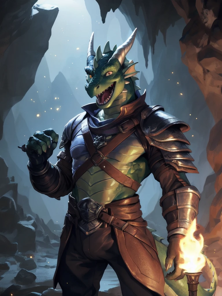 solo, male, adventurer, (male anthro dragon:1.3), (green body:1.1), yellow belly, (standing:1.3), (kemono:1.2), (cave:1.23), (leather armor), (excited:1.3), open mouth,  ,detailed eyes, dragon tail, horn, (bust portrait), (detailed eyes), (indoors:1.35), crystal, torch, smoke, dnd, (dark:1.4), (particles ,firefly, blue glowing:1.3), detailed background, 8k hd, (dark shadows, wide dynamic range, hdr, low light:1.2), by Pino Daeni, canyne khai, milkytiger1145, (bara), [dagasi, yupa], (((detailed eyes)))