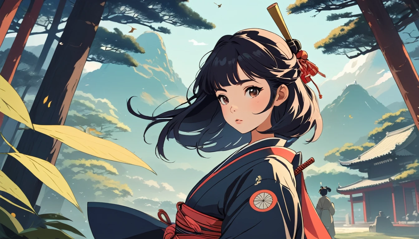 Female samurai, Wide-angle lens, Lofi Anime, Lofi illustration, Aesthetic atmosphere, Lo-Fi Style, Vector art, Flat Design, Simple shape, Warm tones, Pleasant atmosphere, Chill, In anime style, Digital drawing, Vector art, Vector logo for t-shirt printing, (Adorable:1.5), (small:1.4), (Playful:1.2), (soft:1.3), (Whimsical:1.1), masterpiece, Highest quality, 8k, Intricate details, grow, Celestial, Mysterious, Picturesque, amazing, Majestic, Magic, Fantasy art, Cover art, dream-like