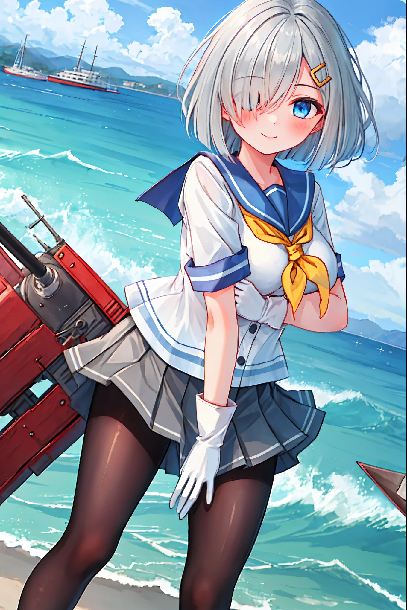 best quality, masterpiece, highres, solo, {hamakaze_kantaicollection:0.90}, 1girl, black_pantyhose, pleated_skirt, serafuku, short_sleeves, simple_background, white_background, yellow_neckerchief, white_gloves, looking_at_viewer, grey_skirt, blush, eyes_visible_through_hair, blue_sailor_collar, dynamic_posing,long_bangs,hair_over_one_eye,harbor_school_landscape_background,outdoor,smile,