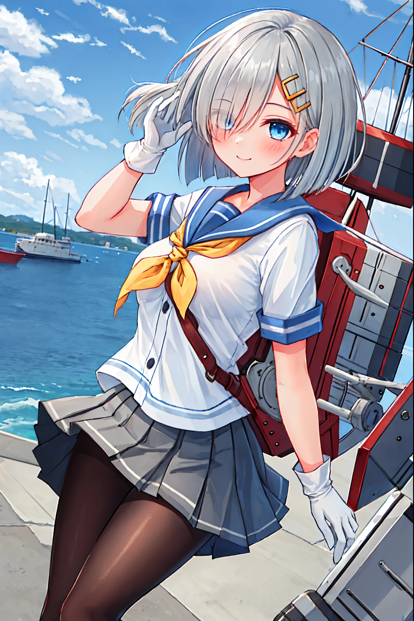 best quality, masterpiece, highres, solo, {hamakaze_kantaicollection:0.90}, 1girl, black_pantyhose, pleated_skirt, serafuku, short_sleeves, simple_background, white_background, yellow_neckerchief, white_gloves, looking_at_viewer, grey_skirt, blush, eyes_visible_through_hair, blue_sailor_collar, dynamic_posing,long_bangs,hair_over_one_eye,harbor_school_landscape_background,outdoor,smile,