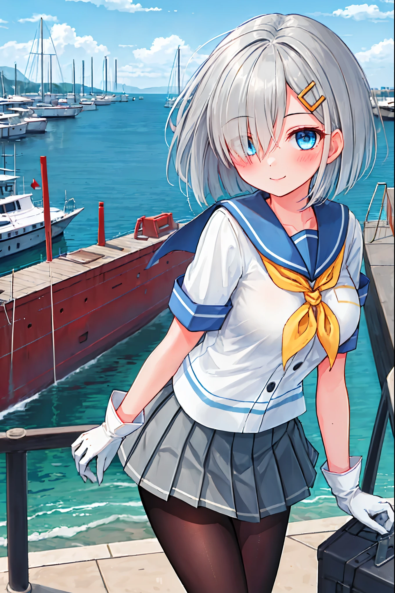 best quality, masterpiece, highres, solo, {hamakaze_kantaicollection:0.90}, 1girl, black_pantyhose, pleated_skirt, serafuku, short_sleeves, simple_background, white_background, yellow_neckerchief, white_gloves, looking_at_viewer, grey_skirt, blush, eyes_visible_through_hair, blue_sailor_collar, dynamic_posing,long_bangs,hair_over_one_eye,harbor_school_landscape_background,outdoor,smile,