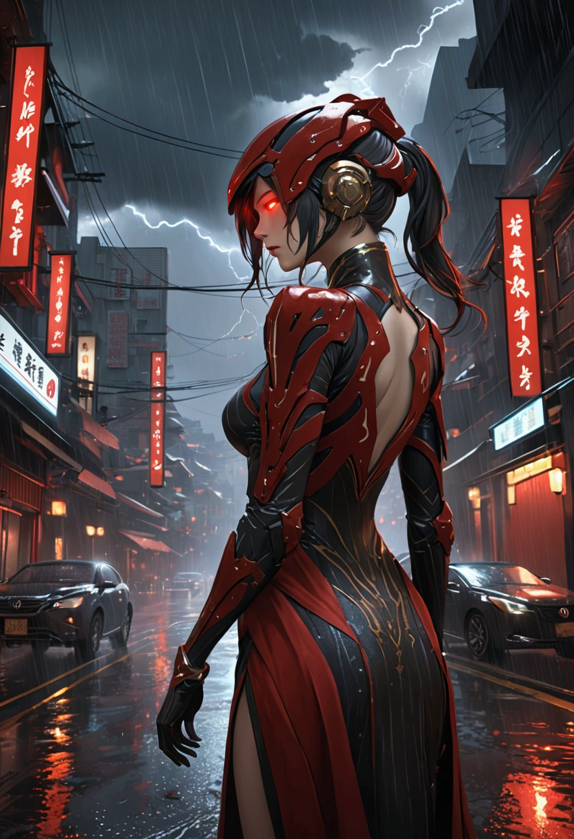 1 Japanese girl, Warframe, Complex patterns, heavy metal, Energy Line, The Faceless, Glowing eyes, elegant, intense, Blood red and black, Solitary, Modern, City, street, dark clouds, thunderstorm, Heavy rain,, Dramatic Lighting,, (masterpiece:1.2), best quality, high resolution, Exquisite and detailed, Extremely detailed, Perfect lighting,