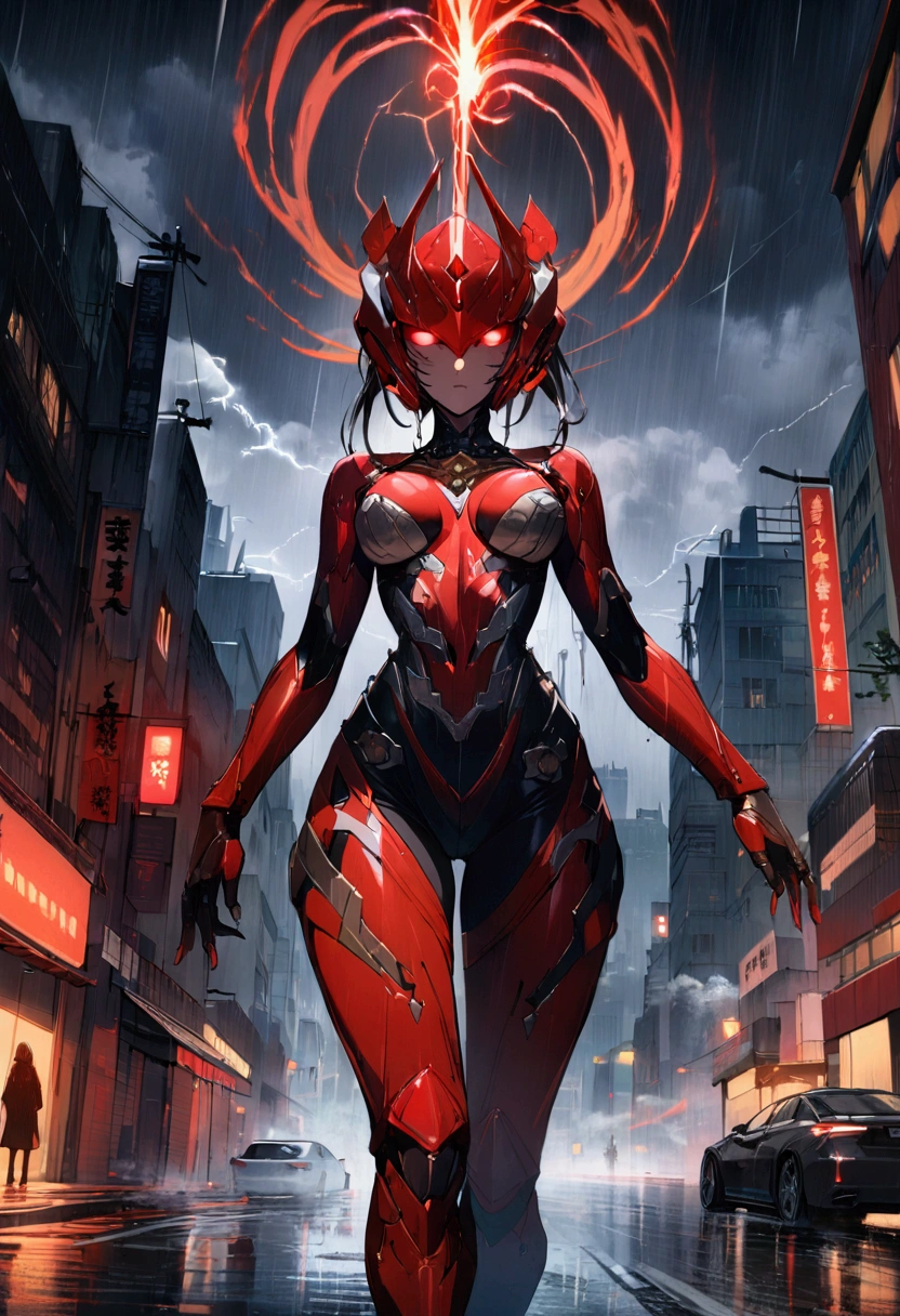 1 Japanese girl, Warframe, Complex patterns, heavy metal, Energy Line, The Faceless, Glowing eyes, elegant, intense, Blood red and black, Solitary, Modern, City, street, dark clouds, thunderstorm, Heavy rain,, Dramatic Lighting,, (masterpiece:1.2), best quality, high resolution,   Exquisite and detailed, Extremely detailed, Perfect lighting,