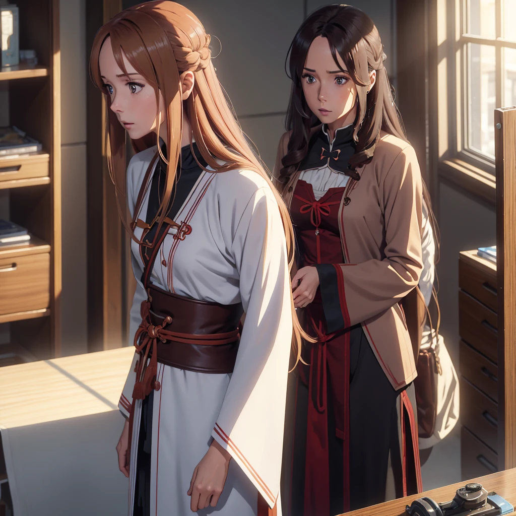 create an image using the features of anime sword art online: of a tall man with long white hair, wearing a doctor's coat, light blue eyes, slender and toned body, next to Asuna Yuuki, Asuna is a young woman of striking beauty, with long Reddish-brown hair that reaches the waist, often tied in a bun or loose with slightly wavy locks. His eyes are a deep, expressive brown, which convey both strength and kindness. She has fair skin and an elegant appearance, standing out for her slender and graceful figure. Asuna often wears modern and sophisticated clothing, combining style and functionality, reflecting her strong and decisive personality. side by side like a couple, a man and a woman sitting in a square. ((maximum quality)) ((detailed))