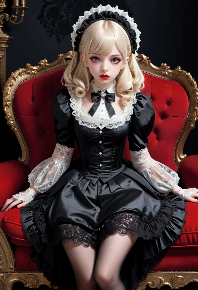 Baroque, Gothic Lolita, Lovely, 1 Girl, Solitary, whole body, Black Sofa, Black skirt, absurd, White lace, high resolution, Extremely detailed, The most detailed, Red lips