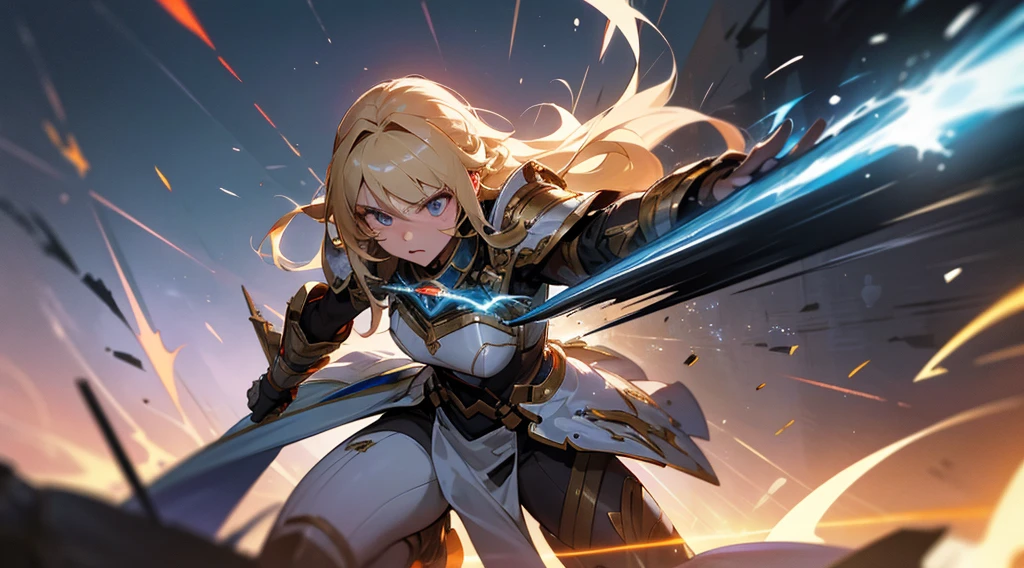 "Create a hyper-realistic image of Benedetta from Mobile Legends, engaged in an intense battle. She should be depicted mid-action, with her signature weapon, the Alecto: Final Blow, glowing with energy. The background should feature a war-torn landscape, with debris and sparks flying around. Her expression should be fierce and determined, showcasing her agility and strength. The image should capture the dynamic motion and vivid details of her armor and the environment, emphasizing the intensity of the fight."