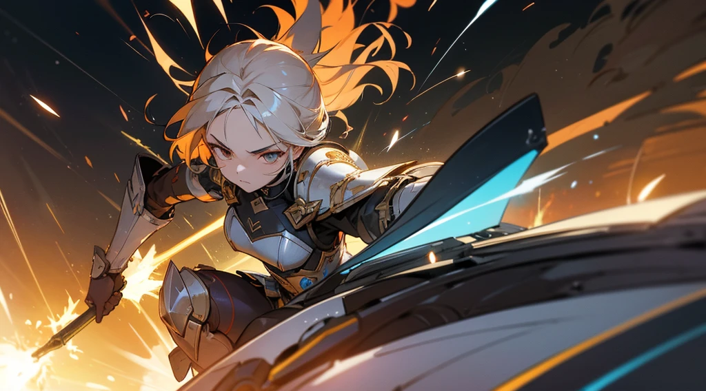 "Create a hyper-realistic image of Benedetta from Mobile Legends, engaged in an intense battle. She should be depicted mid-action, with her signature weapon, the Alecto: Final Blow, glowing with energy. The background should feature a war-torn landscape, with debris and sparks flying around. Her expression should be fierce and determined, showcasing her agility and strength. The image should capture the dynamic motion and vivid details of her armor and the environment, emphasizing the intensity of the fight."