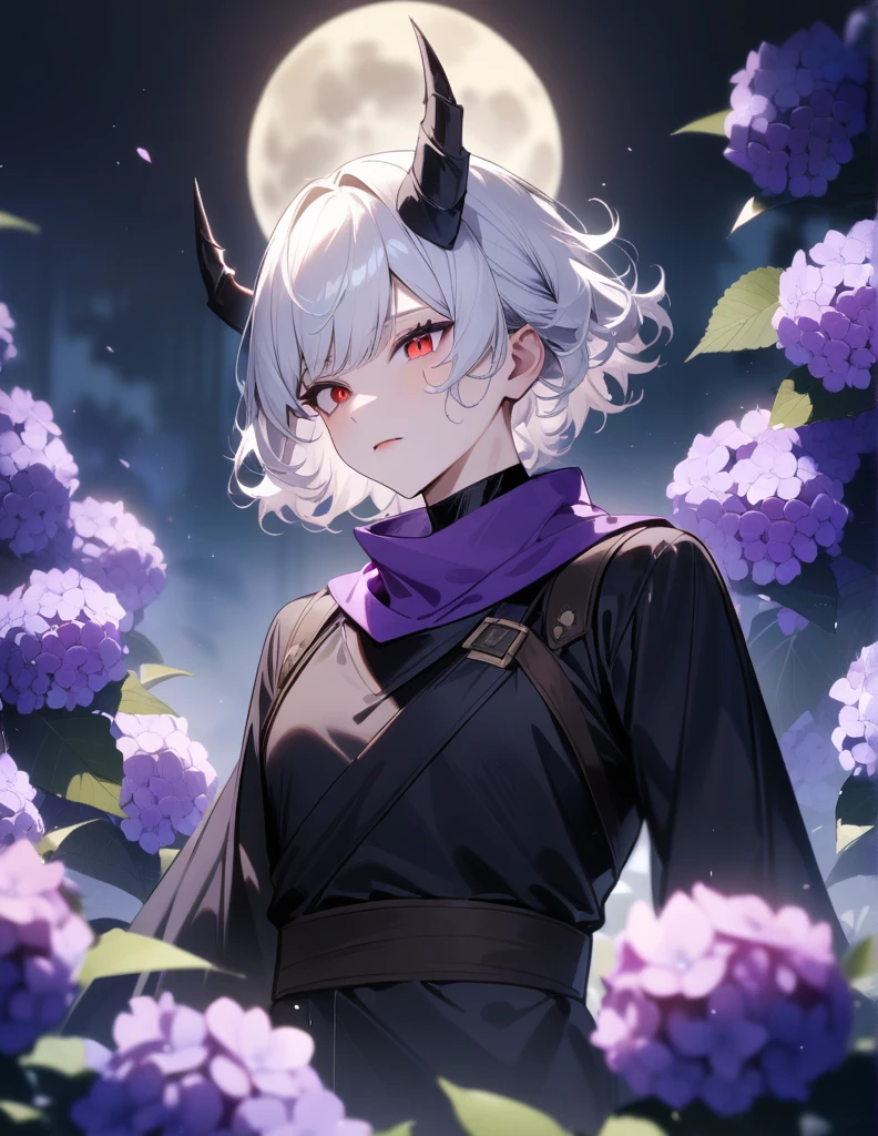 White hair, curly perm, short hair, three horns, black ninja outfit, holding a sword, full moon, male purple neck scarf, purple hydrangea, red eyes 、masterpiece, accurate, Highest quality,