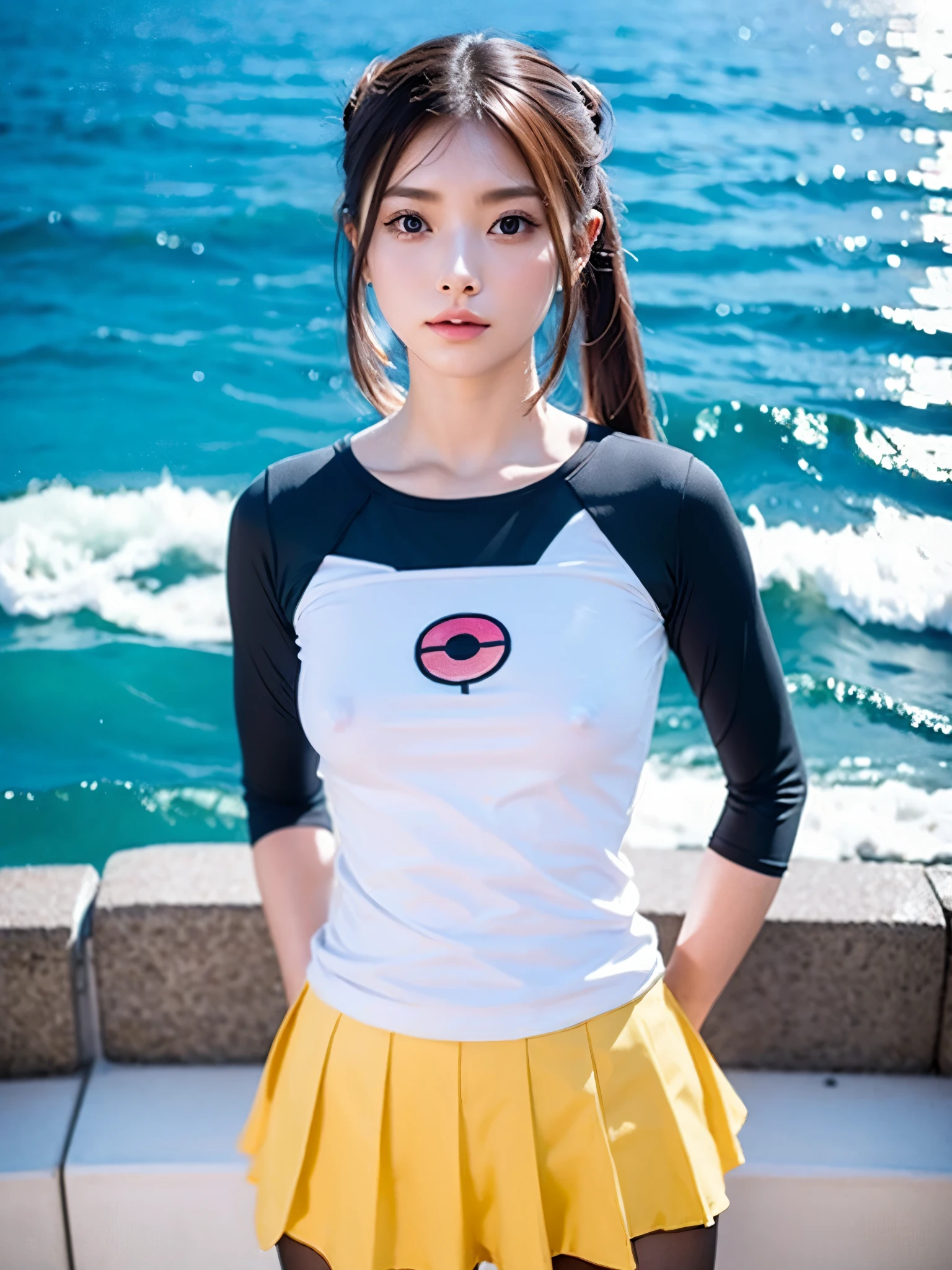 (Highest quality,128k, masterpiece:1.55, photorealistic, hyperrealistic), masterpiece, highest quality, Very detailed, cg, 8K Wallpaper, Beautiful Face, Delicate eyes,
BREAK cinematic angle, (open stance:1.5),
BREAK rosa, brown hair, double bun, doughnut hair bun, hair bun, blue eyes, hair between eyes, twintails, longhair, (Small breasts:1.2),
pantyhose, pantyhose under shorts, raglan sleeves, skirt, yellow skirt, white tanktop, blue sleeves, long sleeves, visor cap, nipples through, erectile nipples,
BREAK outdoor, Moonlit Ocean, starry sky, full moon, on the beach,