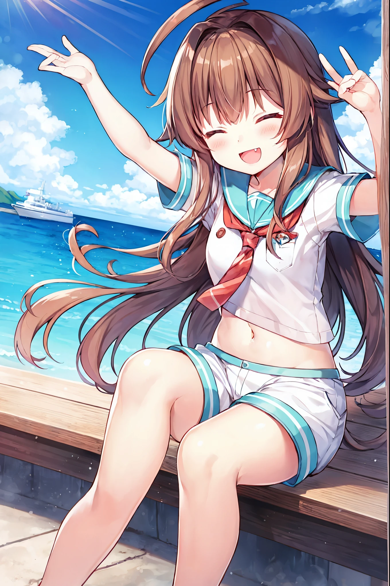 1young_teen_ girl,  brown_hair, long_hair, sailor_uniform,white_ baggy_shorts, short_sleeve, thighs, small_breasts, big_smile, open_mouth, fang, harbor_landscape_background, slightly_spread_legs, happiness, covered_crotch,ahoge,XD,exciting_posing,closed_eyes