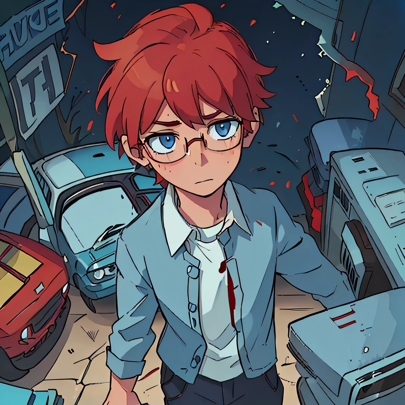 Could you make a comic about a boy who is super smart, and who has red hair and blue eyes and wears glasses all the time, And who is name is Sorry Taxonomic Ranks, and who is an orphan, and who has a tragic backstory of his parents and little sister who died in a car crash and that he's the only survivor.