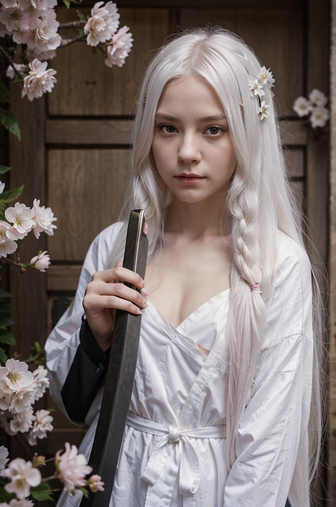 1 girl, long white hair and pink eyes, and she is holding a katana, and the katana produces white flowers