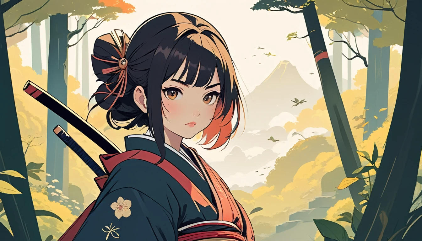 Female samurai, Wide-angle lens, Lofi Anime, Lofi illustration, Aesthetic atmosphere, Lo-Fi Style, Vector art, Flat Design, Simple shape, Warm tones, Pleasant atmosphere, Chill, In anime style, Digital drawing, Vector art, Vector logo for t-shirt printing, (Adorable:1.5), (small:1.4), (Playful:1.2), (soft:1.3), (Whimsical:1.1), masterpiece, Highest quality, 8k, Intricate details, grow, Celestial, Mysterious, Picturesque, amazing, Majestic, Magic, Fantasy art, Cover art, dream-like