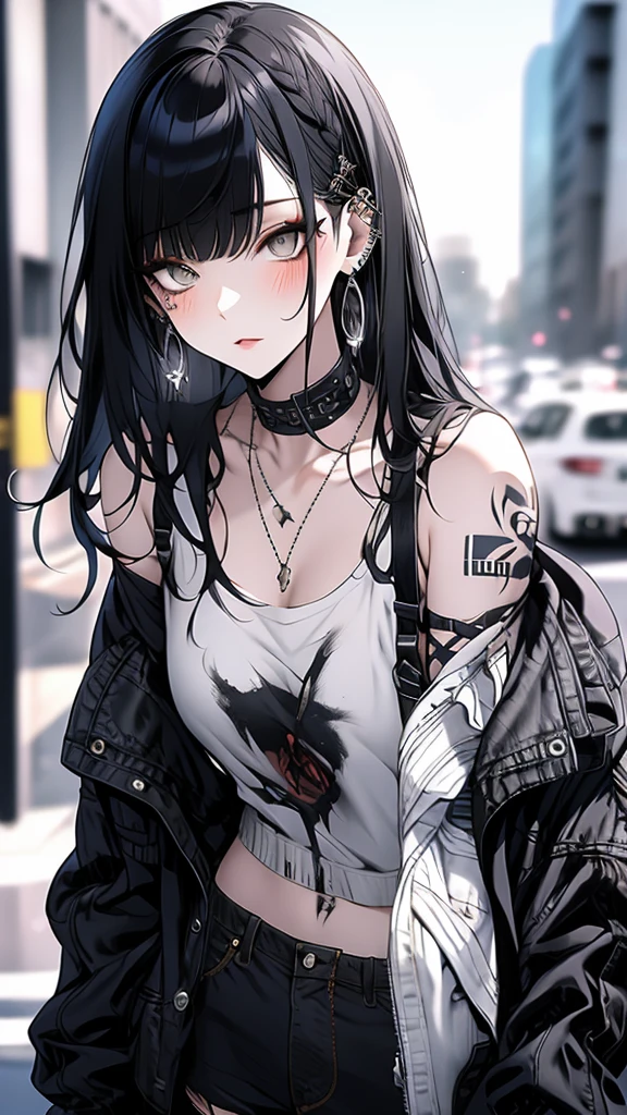 masterpiece, best quality, PIXIV, cool girl, lots of piercings, earring, black hair, messy hair,bangs, messy bangs, gray eyes, pale skin, gal, gyaru, black tattoos,long messy hair, grey eyes, tomboy, street wears 