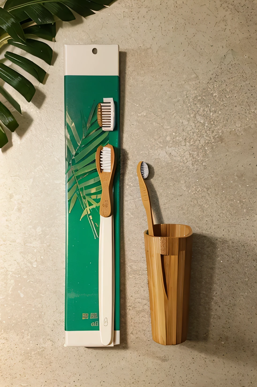 A toothbrush logo with a bamboo leaf