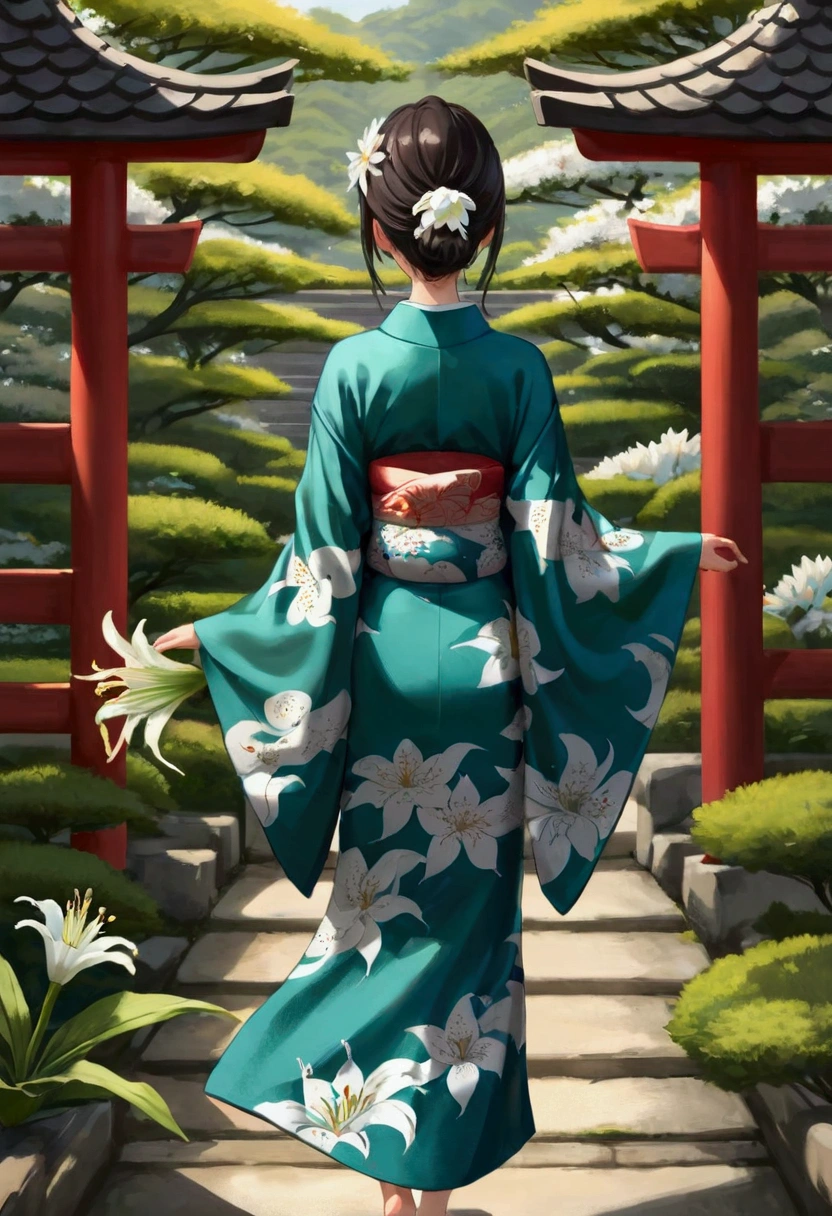 1 Girl, Solitary, from above, (White lily), Aesthetic, complex, best quality, Detailed background, Miki Sayaka, ((girl wearing a patterned teal kimono:1.2)), (Walking in the Zen Garden),  Casual posture, Detailed texture, Strike a pose, f lola l print, Flowering, Hair accessories, Japanese clothes, kimono, Heart, outdoor, pagoda, petal, (teal kimono), sash, shrine, Sky, Stone steps, Torii, Wide sleeves, yukata 