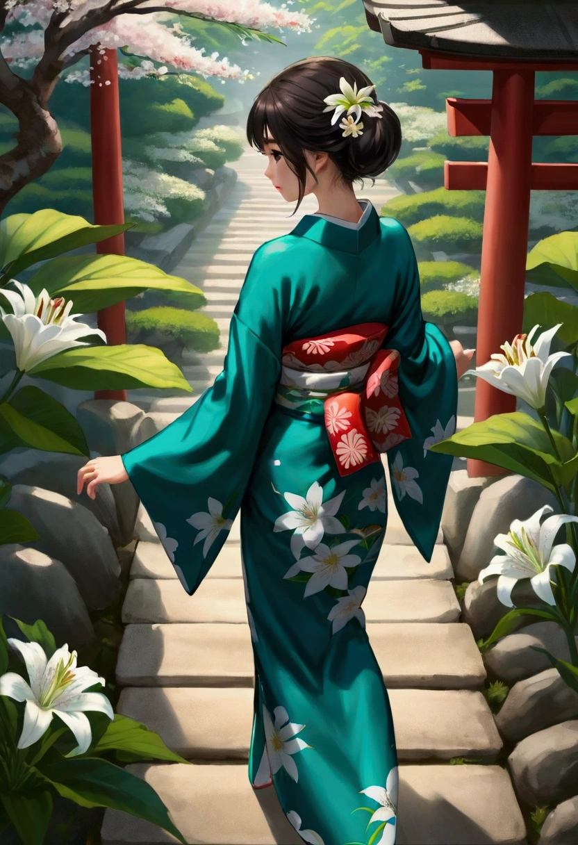 1 Girl, Solitary, from above, (White lily), Aesthetic, complex, best quality, Detailed background, Miki Sayaka, ((girl wearing a patterned teal kimono:1.2)), (Walking in the Zen Garden), Casual posture, Detailed texture, Strike a pose, f lola l print, Flowering, Hair accessories, Japanese clothes, kimono, Heart, outdoor, pagoda, petal, (teal kimono), sash, shrine, Sky, Stone steps, Torii, Wide sleeves, yukata