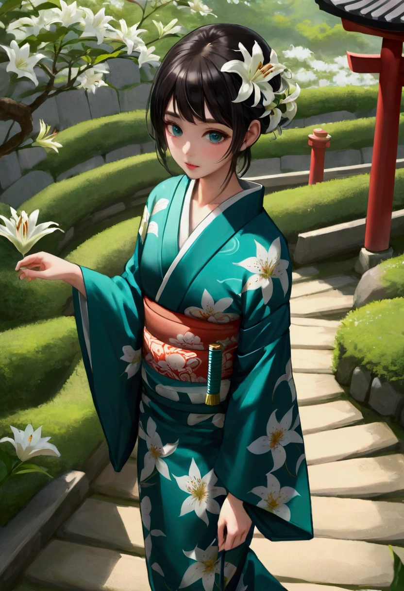 1 Girl, Solitary, from above, (White lily), Aesthetic, complex, best quality, Detailed background, Miki Sayaka, ((girl wearing a patterned teal kimono:1.2)), (Walking in the Zen Garden), Casual posture, Detailed texture, Strike a pose, f lola l print, Flowering, Hair accessories, Japanese clothes, kimono, Heart, outdoor, pagoda, petal, (teal kimono), sash, shrine, Sky, Stone steps, Torii, Wide sleeves, yukata