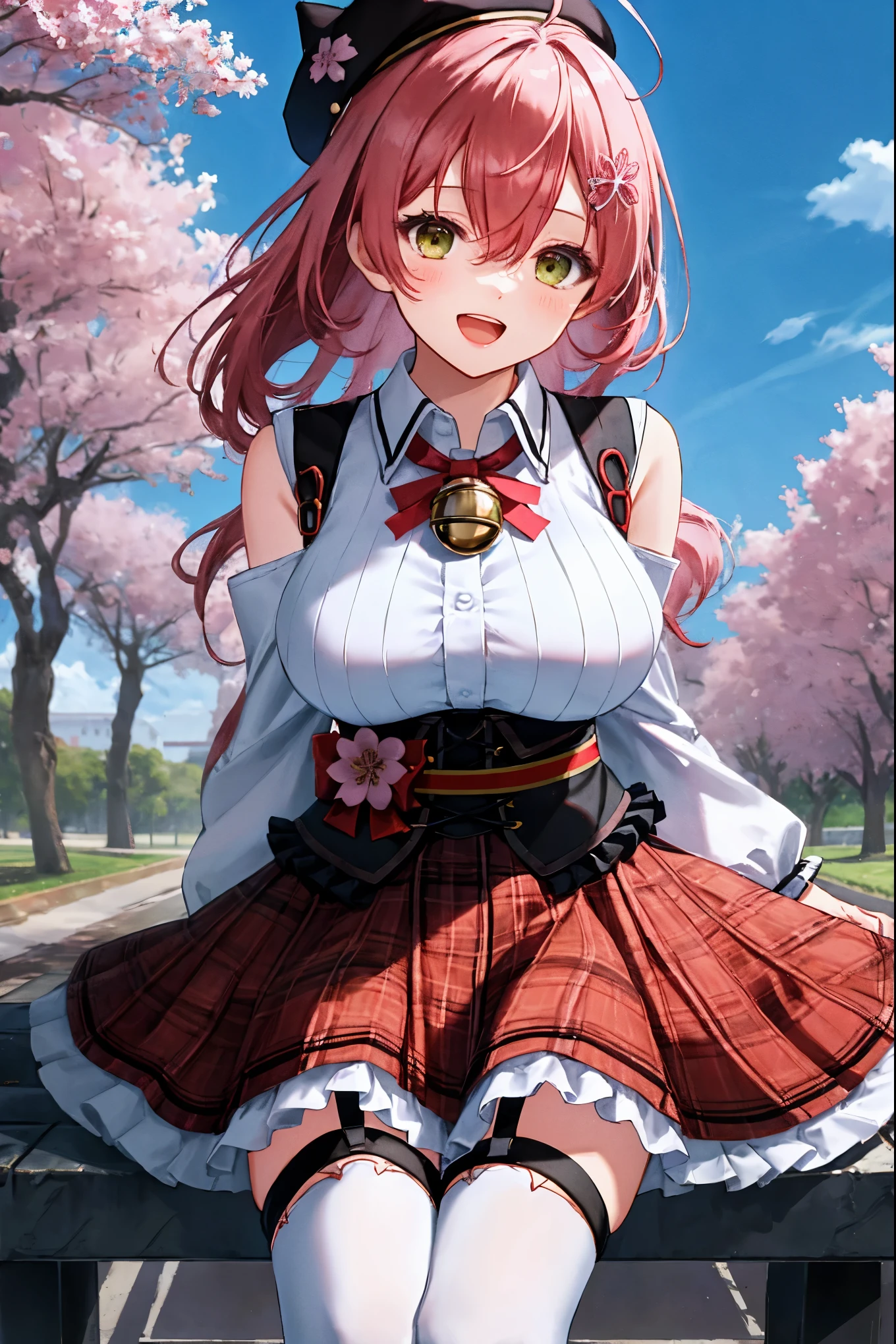 masutepiece, Best_Quality, hight_resolution, miko2,Ponytail, 1girl, Ahoge, black headwear, Hair Ornament, White shirt, black thighhighs, Pink hair, Red_skirt, very_short_skirt, plaid skirts, garter_strap, Collared shirt, hair clips, frilld, Bangs, hair between eye, frills skirt, beret, Pleated skirt, Hair Flower, Neck bell, , puffy long sleeves, Black bow, Underbust, Cowboy Shot,Smile, (large_breasts:1.3),covered_nipples, green_eyes, happy, childlike_posing,spread_legs,(big_smile:1.2),plump,open_mouth,shout,half_eyes,cherryblossom_park_landscape_background,