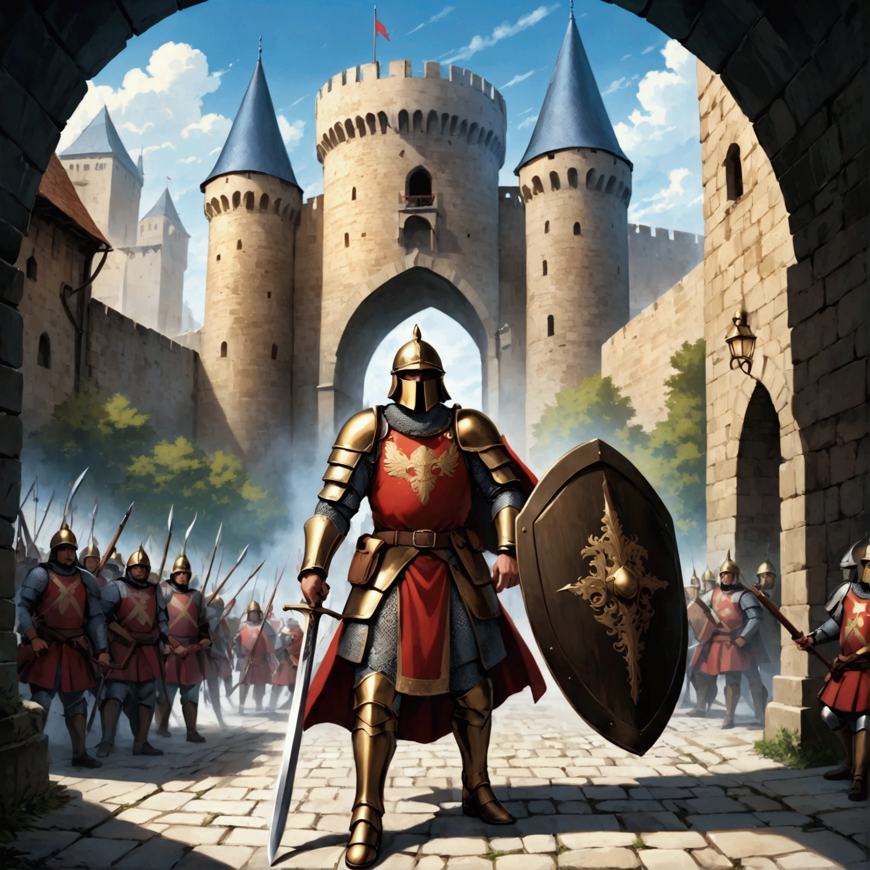 A man(Warriors of the European Middle Ages,Soldier,guardsman),Wear a helmet,Wearing armor,Holding a sword,Holding a shield,Stand at the city gate。Mid-ground composition,Full body pictures,Characters and scenes,Anime illustration style,HD,4K。