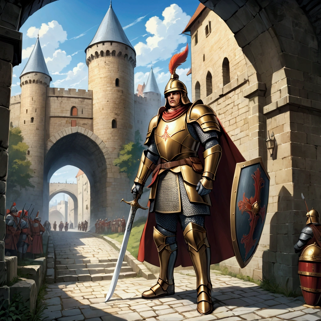 A man(Warriors of the European Middle Ages,Soldier,guardsman),Wear a helmet,Wearing armor,Holding a sword,Holding a shield,Stand at the city gate。Mid-ground composition,Full body pictures,Characters and scenes,Anime illustration style,HD,4K。