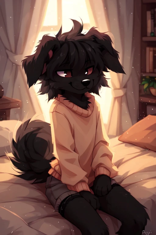((by reysi)), Best quality, super detailed illustration, warm colors, Ideal lighting, (Fluffy boy dog:1.6), (Black fur:1.5) ,feminine face and body, disheveled thick gray hair, short shorts, long stockings, long sleeve sweater, in a cosy room, smug smile, tricky glance , Femboy, slim, perfect body,
