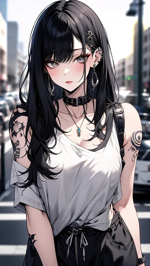 masterpiece, best quality, PIXIV, cool girl, lots of piercings, earring, black hair, messy hair,bangs, messy bangs, gray eyes, pale skin, gal, gyaru, black tattoos,long messy hair, grey eyes, tomboy, street wears