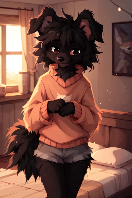 ((by reysi)), Best quality, super detailed illustration, warm colors, Ideal lighting, (Fluffy boy dog:1.6), (Black fur:1.5) ,feminine face and body, disheveled thick gray hair, short shorts, long stockings, long sleeve sweater, in a cosy room, smug smile, tricky glance , Femboy, slim, perfect body,
