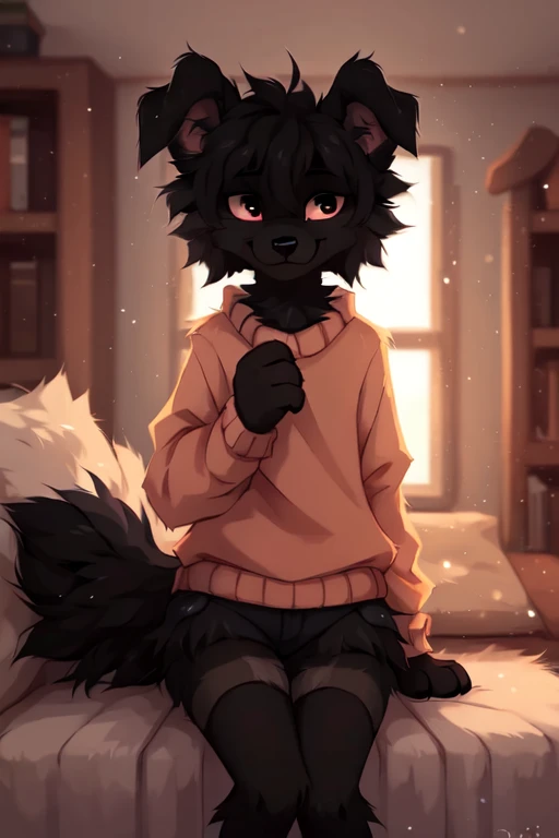  ((by reysi)),  Best quality, super detailed illustration, warm colors, Ideal lighting, (Fluffy boy dog:1.6), (Black fur:1.5) ,feminine face and body, disheveled thick gray hair, short shorts, long stockings,  long sleeve sweater, in a cosy room, smug smile, tricky glance , Femboy, slim, perfect body,