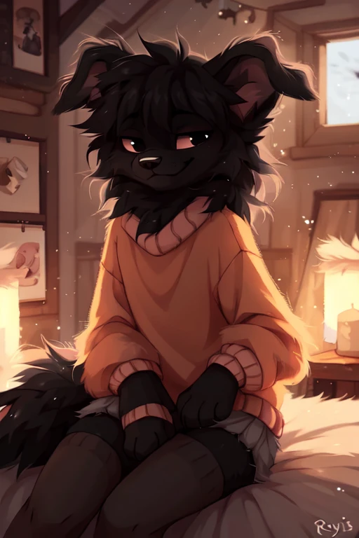  ((by reysi)),  Best quality, super detailed illustration, warm colors, Ideal lighting, (Fluffy boy dog:1.6), (Black fur:1.5) ,feminine face and body, disheveled thick gray hair, short shorts, long stockings,  long sleeve sweater, in a cosy room, smug smile, tricky glance , Femboy, slim, perfect body,