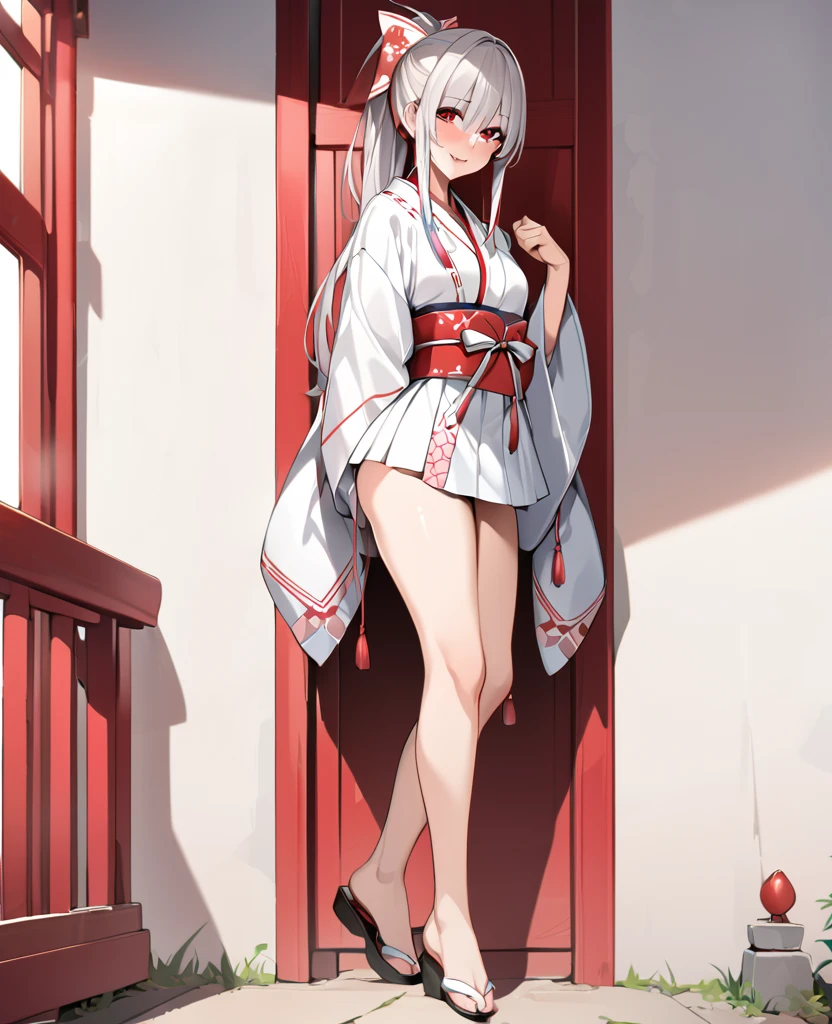 masterpiece, Highest quality, Highest quality,full body,ponytail,Shrine maiden,20-year-old,standing,Kantai Collection,Haruna,yandere,Red eyes,Sexy legs,Simple Background,Alluring,