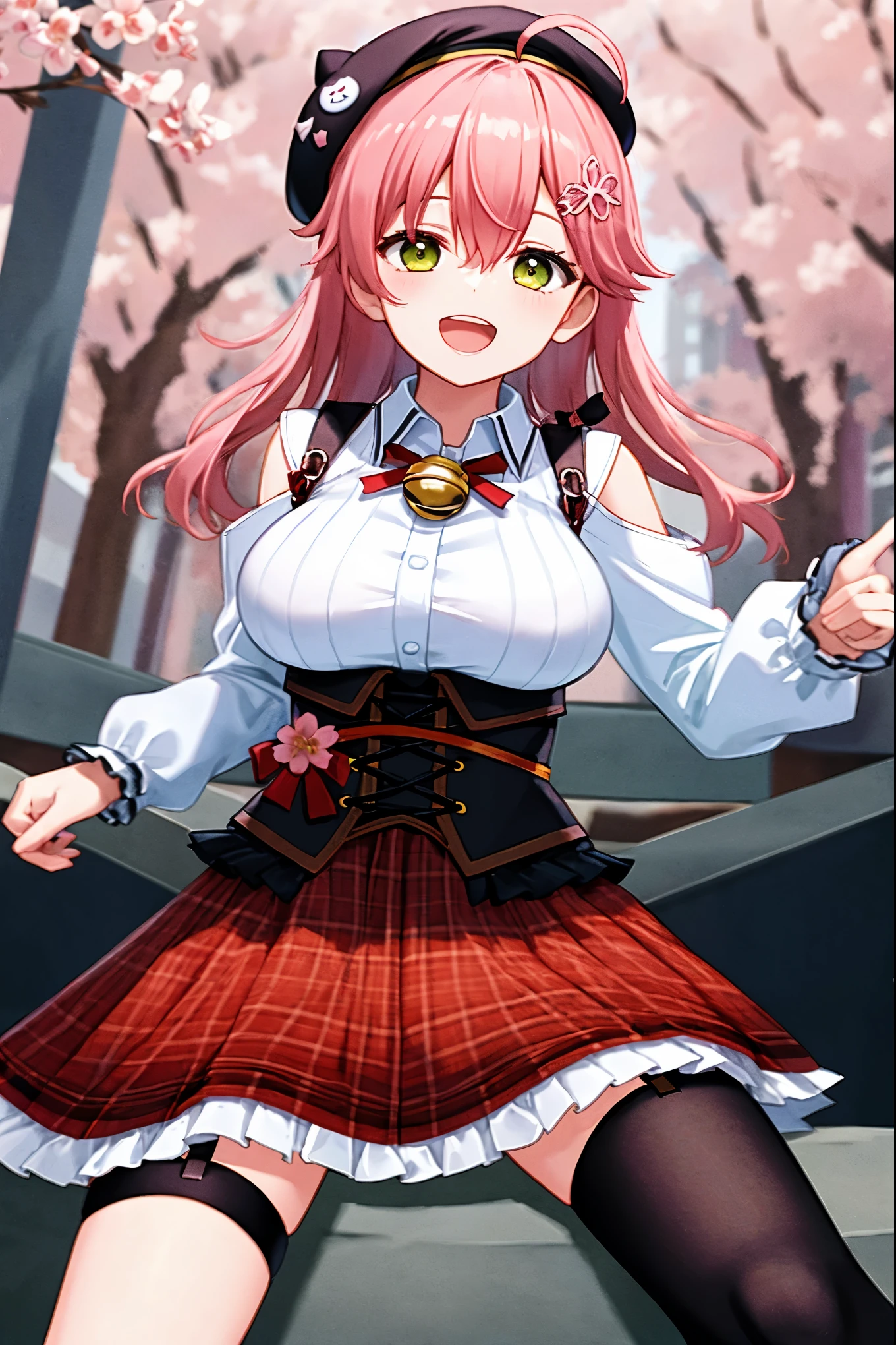 masutepiece, Best_Quality, hight_resolution, miko2,Ponytail, 1girl, Ahoge, black headwear, Hair Ornament, White shirt, black thighhighs, Pink hair, Red_skirt, very_short_skirt, plaid skirts, garter_strap, Collared shirt, hair clips, frilld, Bangs, hair between eye, frills skirt, beret, Pleated skirt, Hair Flower, Neck bell, , puffy long sleeves, Black bow, Underbust, Smile, (large_breasts:1.3),covered_nipples, green_eyes, happy, dynamic_angle,spread_legs,(big_smile:1.2),plump,open_mouth,shout,half_eyes,cherryblossom_park_landscape_background,