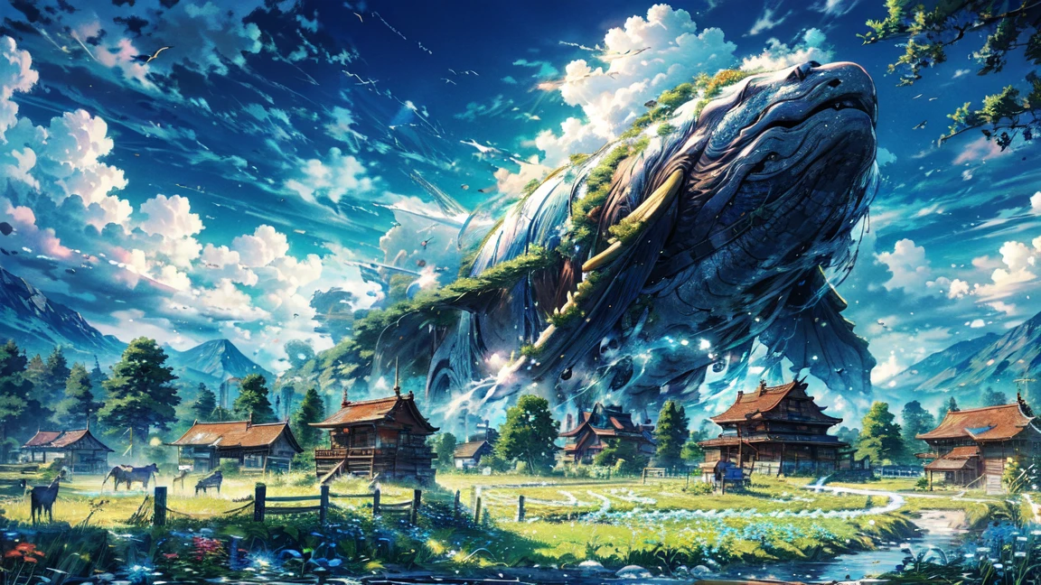 Leviathan flying in the blue sky,Imagine,a peaceful day, Detailed clouds, Place, Grazing cows, flower, House in the distance, Fence, wood,Excellent