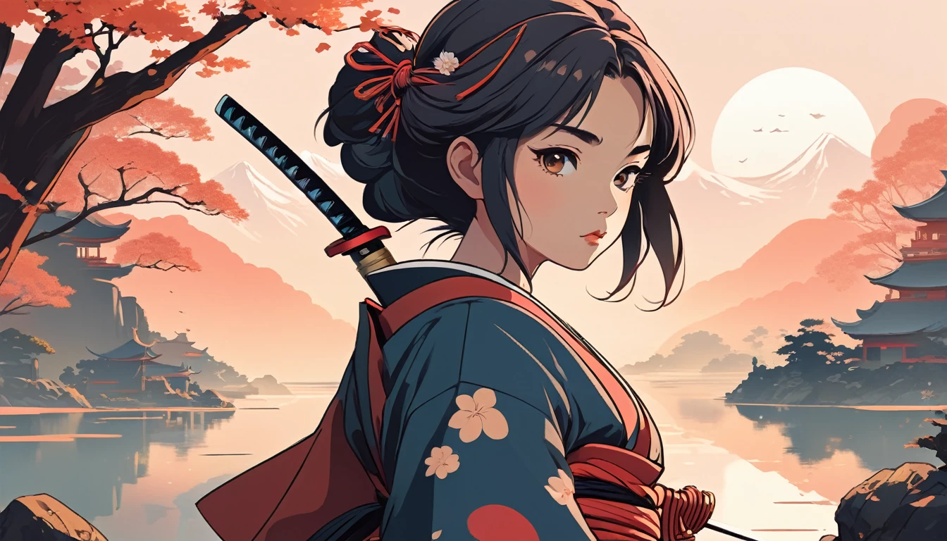 Female samurai, Wide-angle lens, Lofi Anime, Lofi illustration, Aesthetic atmosphere, Lo-Fi Style, Vector art, Flat Design, Simple shape, Warm tones, Pleasant atmosphere, Chill, In anime style, Digital drawing, Vector art, Vector logo for t-shirt printing, (Adorable:1.5), (small:1.4), (Playful:1.2), (soft:1.3), (Whimsical:1.1), masterpiece, Highest quality, 8k, Intricate details, grow, Celestial, Mysterious, Picturesque, amazing, Majestic, Magic, Fantasy art, Cover art, dream-like