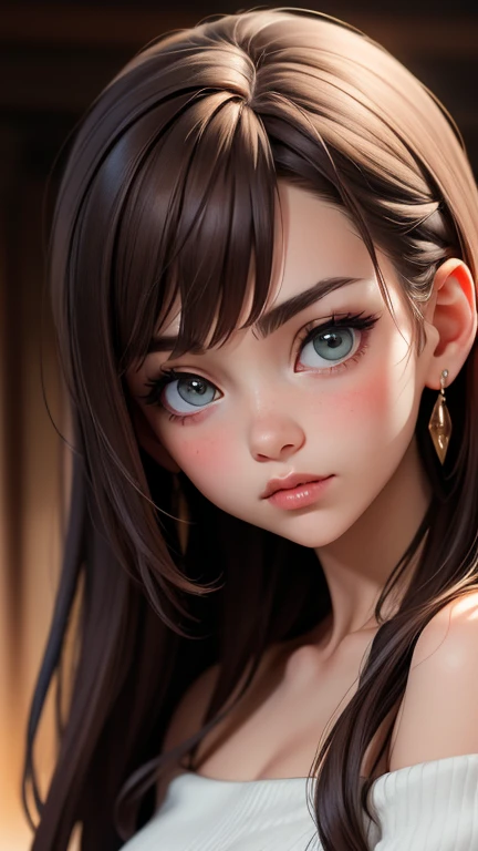 SFW,highest quallity,Woman,17 yr old,backlight,nblurry background,blush,cloused mouth,clavicle,aretes,brow,Hair over the shoulder,jewerly,long hair,looking to the down,pointy nose,Glossy lips,ombre,standing alone,thick eyebrows,thick eyelashes,trunk,loose brown hair,greeneyes,rays of sunlight,warm light,cozily,((work of art)),
