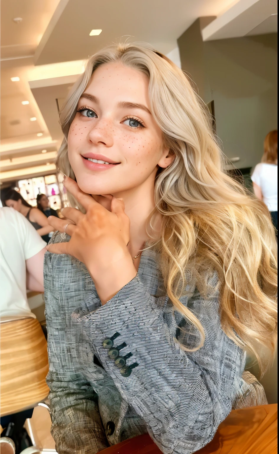 a one woman, americana, age 25, pale skin and freckles, grey-eyed, delicate nose, soft and delicate lips, distant, blonde hair with a pony tail, hand messing with hair, face with delicate feminine facial features, highly rendered 
