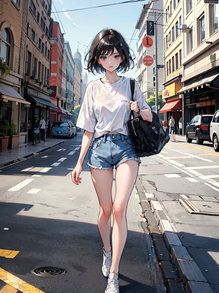 2 girls,Short black hair,Blue eyes,wear a plain white shirt,denim shorts,city, absurdity, a high resolution,ultra-sharp,8 Kšedevr, I look at the viewer