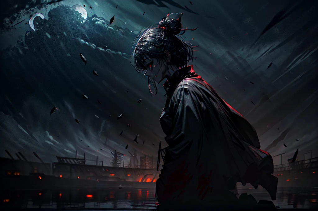 In Anime-art style, pixiv, masterpiece, 1 girl, (Close-up:1.1),Very Close to the Viewer( only half of the face is visible), soft lighting, Bloody sky, bloody environment, bloody rain, dark silhouettes, красный blood vibe, red vibe настроение, red like your blood, vampire life, Gothic, mysterious facial expressions, tattoos, aesthetics, rings and finger rings, web, head covered with dark cloth, Vampirism, на заднем фоне dark silhouettes, the character is closer to the viewer, видно только one eye, Focus on the character, Close-up, symbolism, a ritual, mirrors and paintings in the background, reflections, on the avatar, Dark art style, Blood runs down his face, portrait, leader, leads the concept, silhouettes behind, chaos, the weather is terrible, someone is spectating on her, DALLE, Close-up больших демонических глаз, сложные eyes, Unique Demon Ghouls, These images feature a dark, anime-style warrior with intricate tattoos and glowing red eyes, holding a blood-stained katana. The background includes a moonlit scene with shadowy samurai figures and a mysterious reaper, balanced to give equal focus to both the warrior and the background elements, creating a masterpiece, Digital art, city on the skyline, dark lighting, permission 1:1, blond hair, kimono, katana, Shanghai, nails painted black, in detail, moon and shadows, eyes, в eyesх отражение битвы, mysticism in the background, split personality, в eyesх готовится к битве, необычные eyes, scene, add more details, dark, fingers are proportional, serious look, holding a katana in his hands, only half of the face is visible, dystopia, night lighting, motion blur, красная и кровавая aesthetics, one eye, Close-up