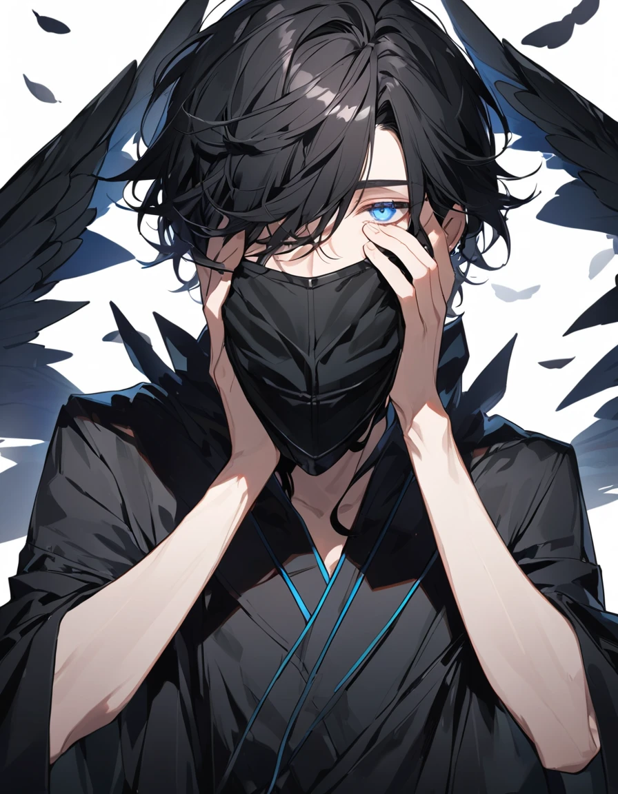 male, black hair, blue eyes, black wings, black robe, wearing a black mask covering all of his face except the eyes