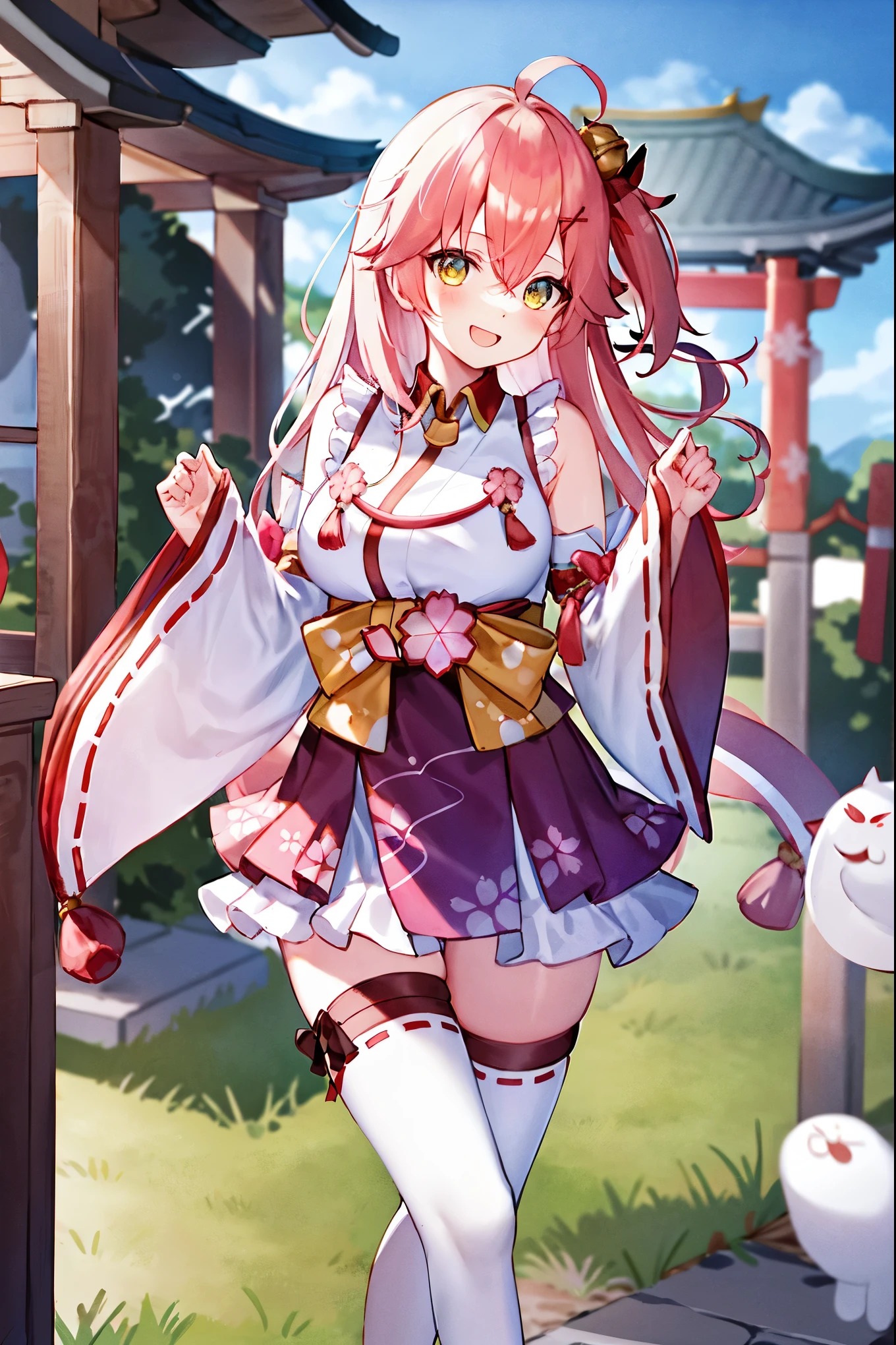 masterpiece, best quality, highres, miko1, sakura_miko, 1girl, big_boobs, solo, ahoge, x_hair_ornament, pink_hair, floral print, hairclip,(side_less_clothes:1.5), (side_boobs:1.5), hair_bell, floral print, long_hair, hair between eyes, one side up, white thighhighs, asymmetrical legwear, wide sleeves, open_mouth,(happy:1.3),gleen_eyes,big_smile,(rise_leg:1.3),plump,apart_legs,(overly_long_sleeves:1.3),),sleeves_past_wrists,hands_hidden_sleeves,sidelock_clothes,dynamic_posing,solo,hidden_wrists,(XD:1.4),covered_nipples,sunlight,cherryblossom_temple_landscape_background,