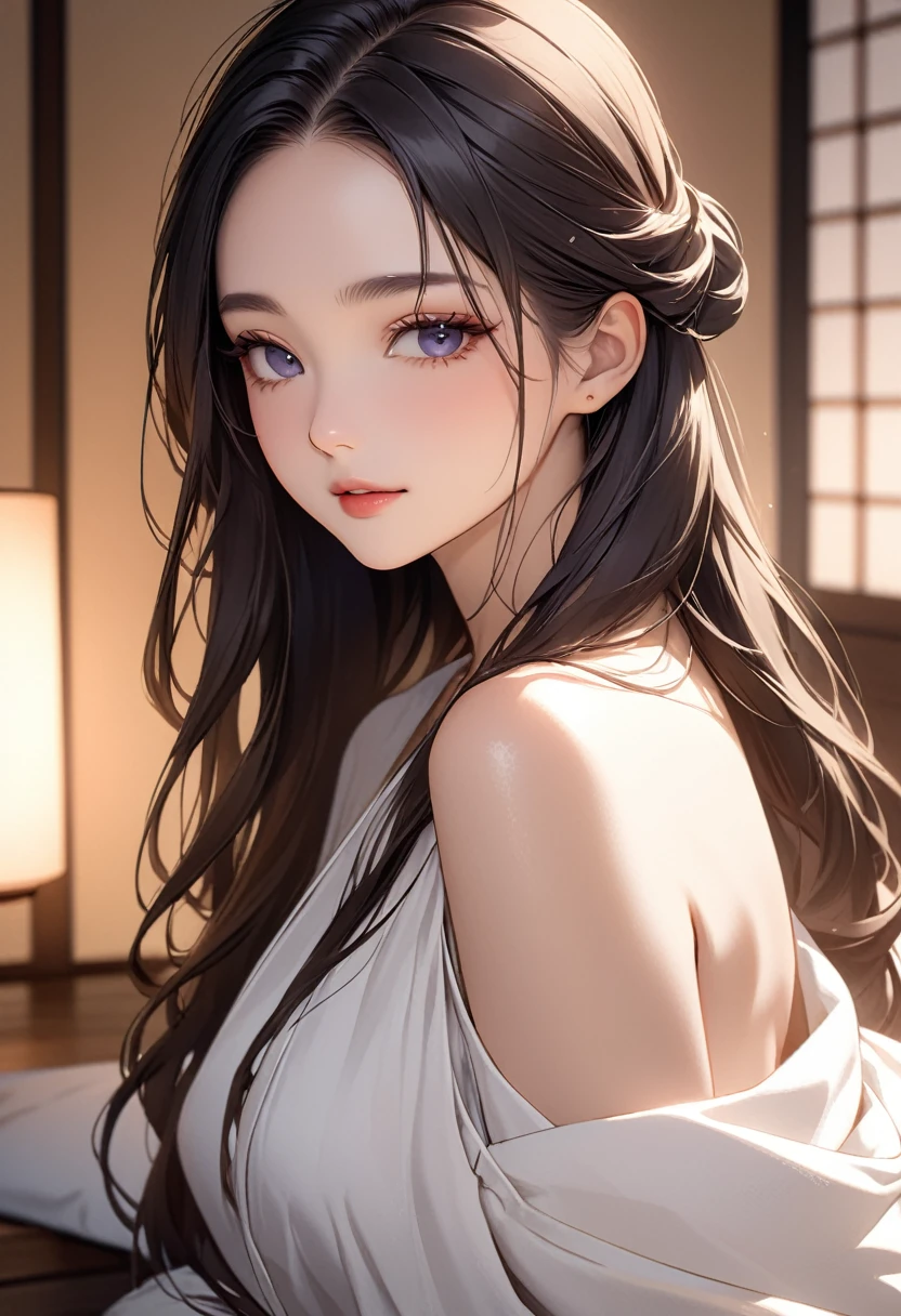 (((masterpiece))),(((high resolution)))、(((8k)))、(((perfect face)))、(((Japanese beauty)))、40 years old、(((pretty face))),long hair (((woman's restroom))), Pajamas, ((underwear)), embarrassed expression, looking at the camera, high quality snow, detailed texture, looking at the camera, whole body, (((big bust、breast sagging、Low-cut,split,wide hips,))((hourglass shape))